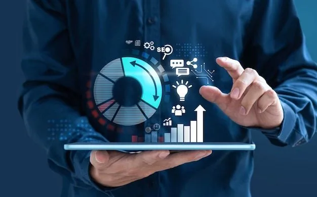 Digital marketing expert in Dubai analyzing online marketing data and growth charts on a tablet with SEO and social media icons